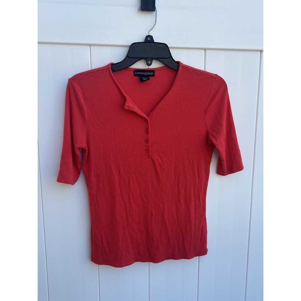 Cynthia Rowley Women's Ribbed Henley Pink Short Sleeve Top Sz Small